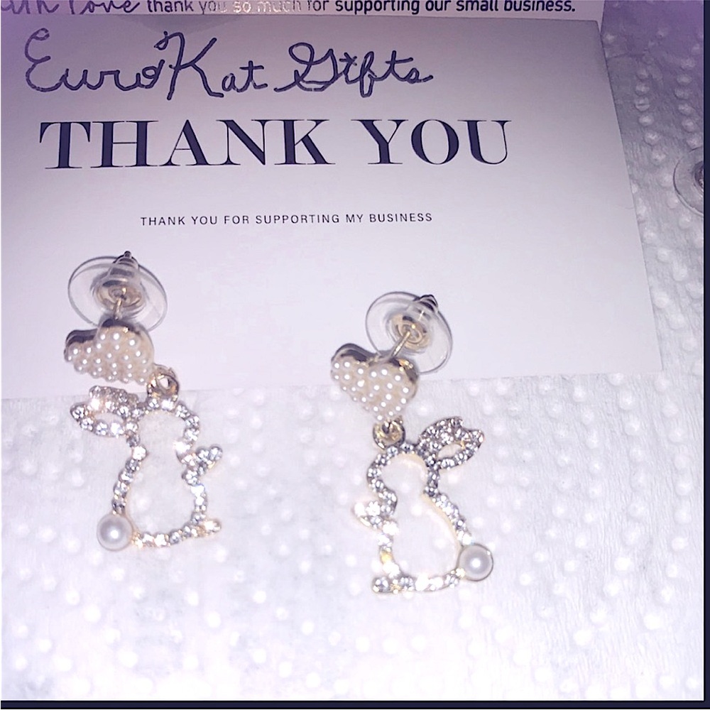 Sparkly Crystal Bunny Earrings Pearl Gold Pl Dangle Drop Spring Easter NEW NWT
